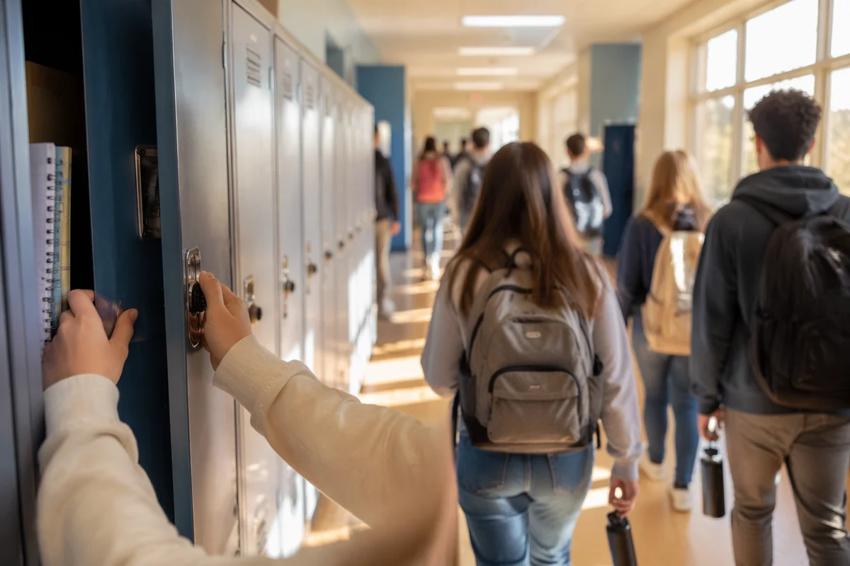 Bright School Hallway with Students Passing