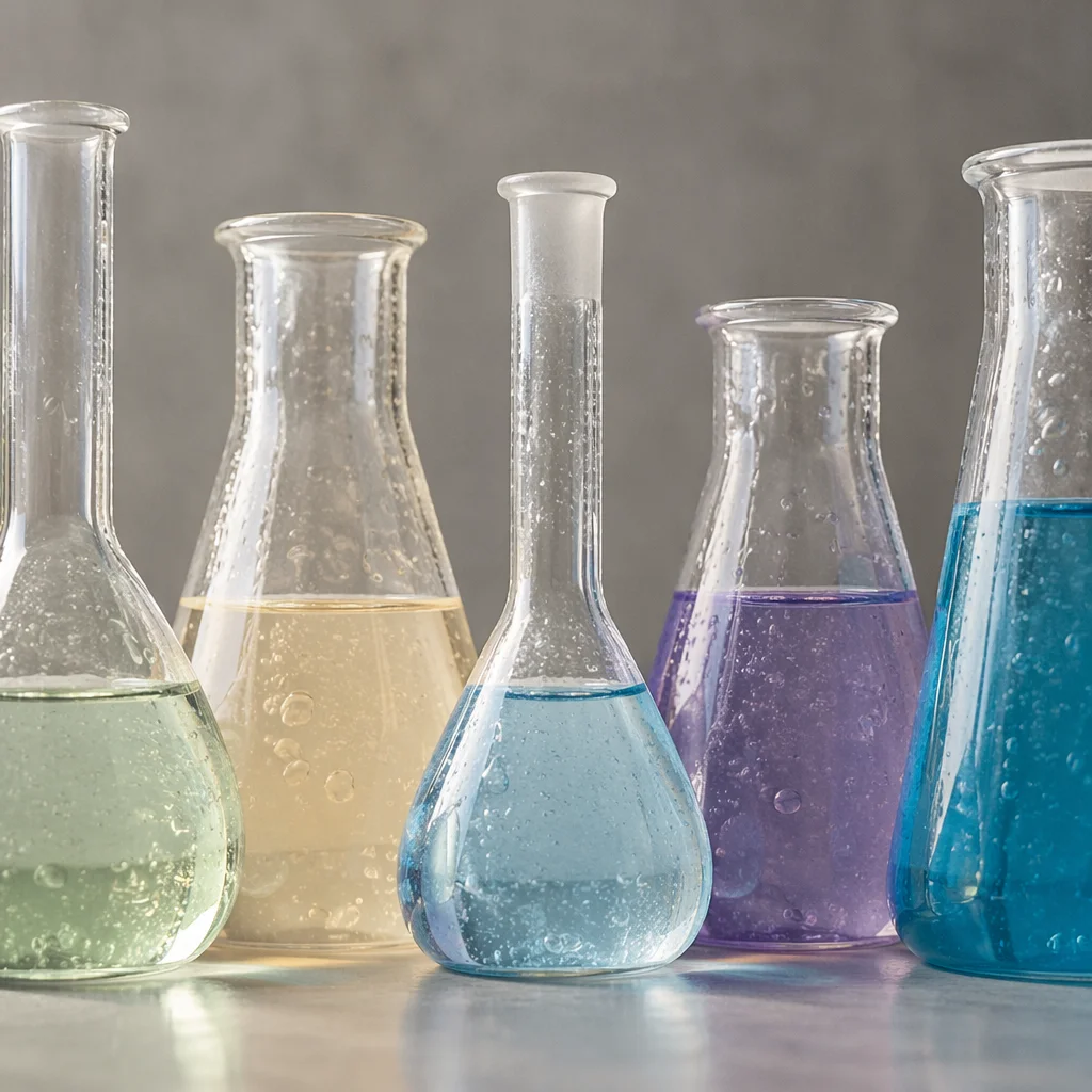 Colorful Chemistry Glassware on Laboratory Bench