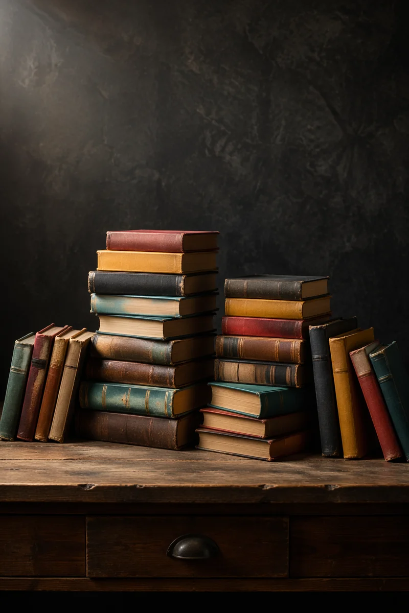 Colorful Vintage Books on Wooden Desk