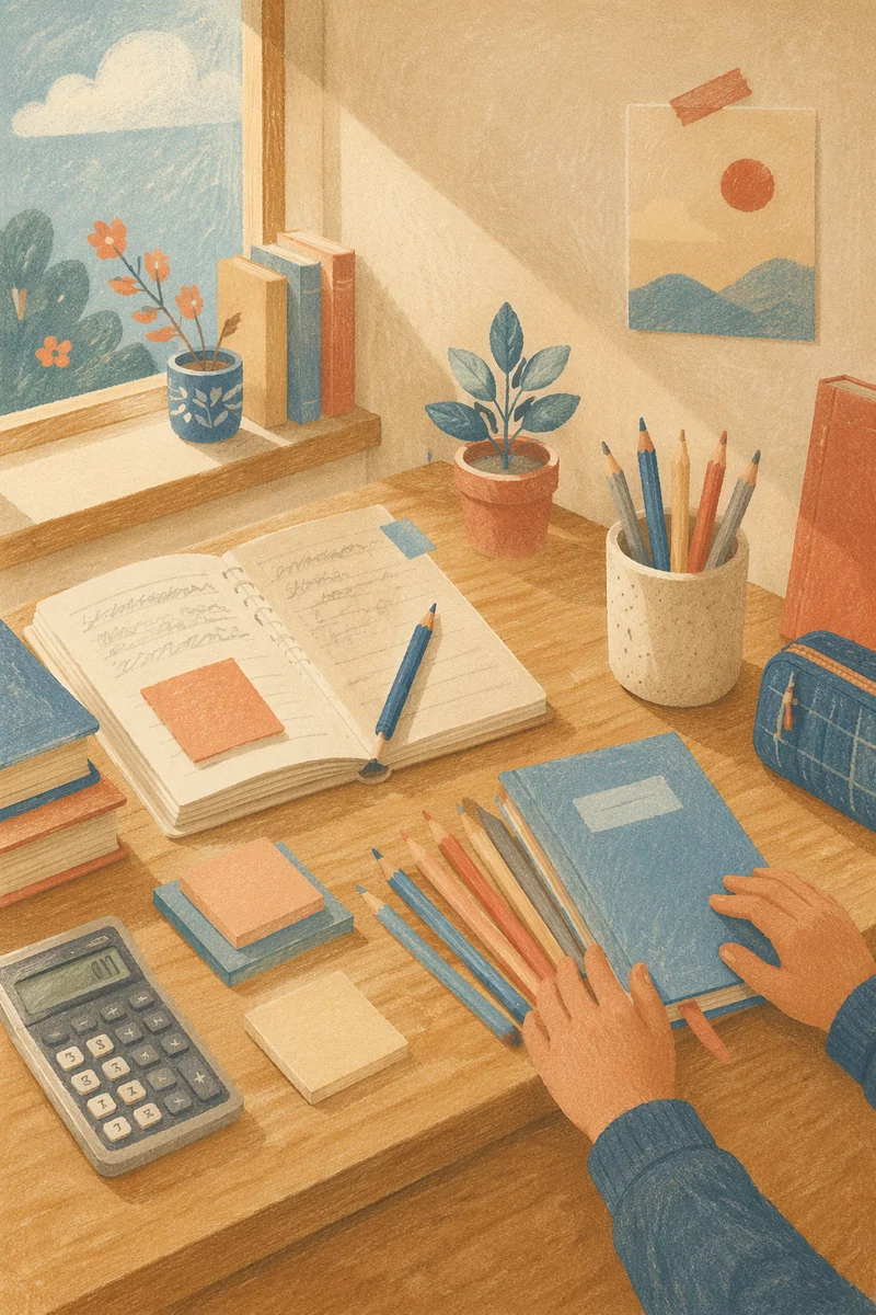 Student Desk with Pencils and Calculator