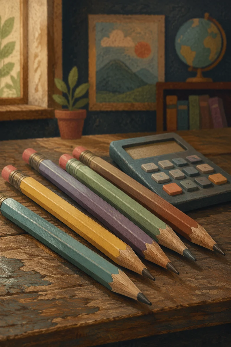 Student Desk with Pencils and Calculator