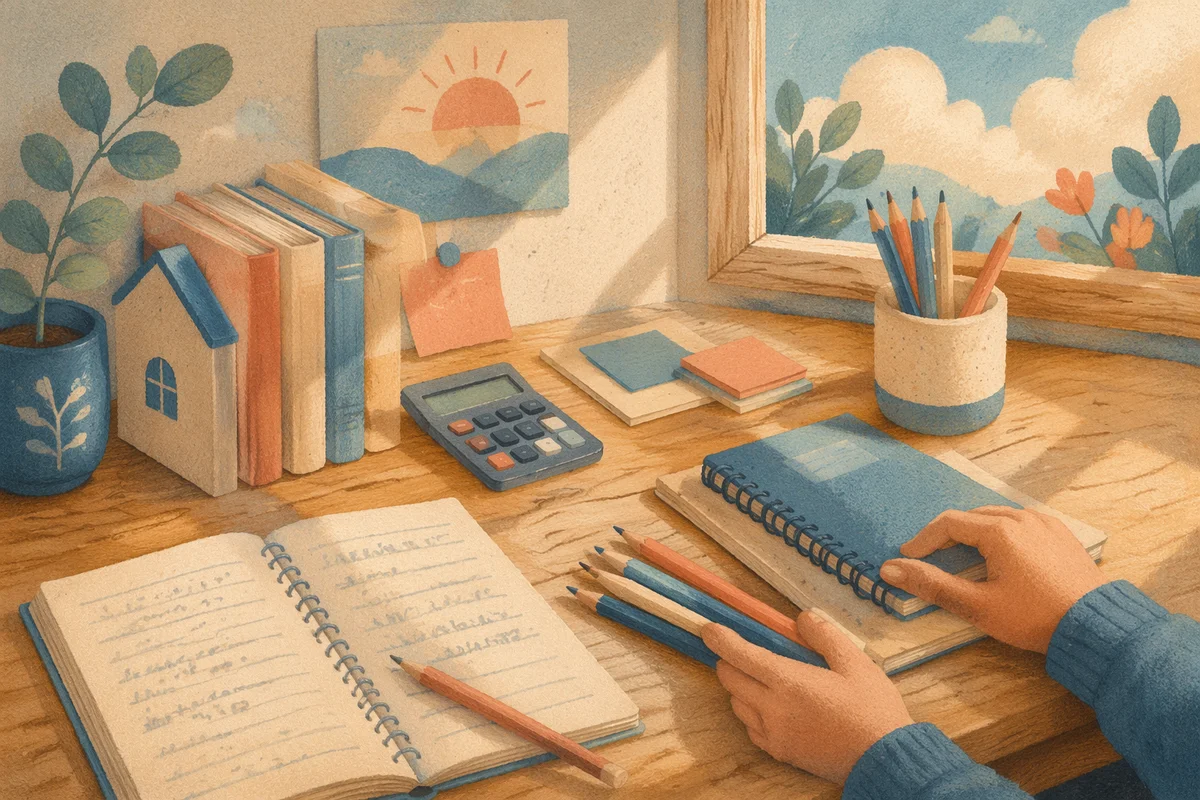 Student Desk with Pencils and Calculator