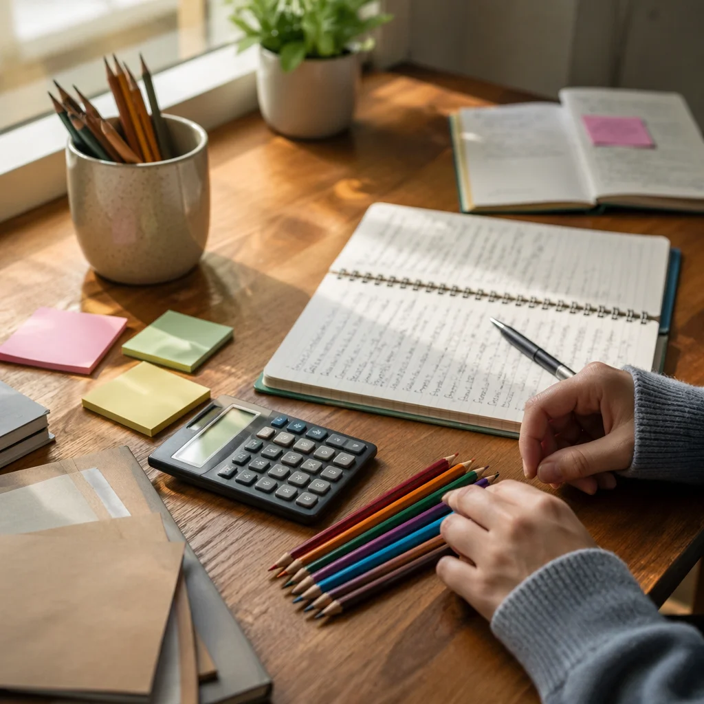 Tidy Student Desk with Pencils and Calculator