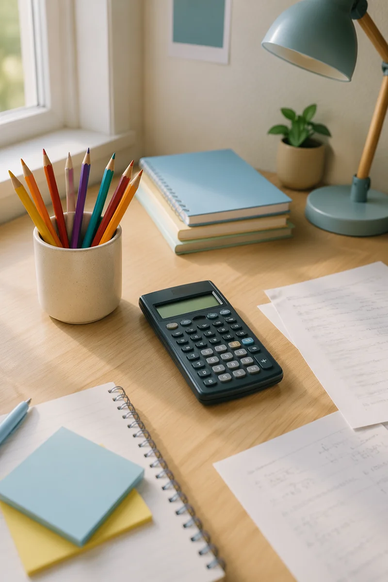 Tidy Student Desk with Pencils and Calculator