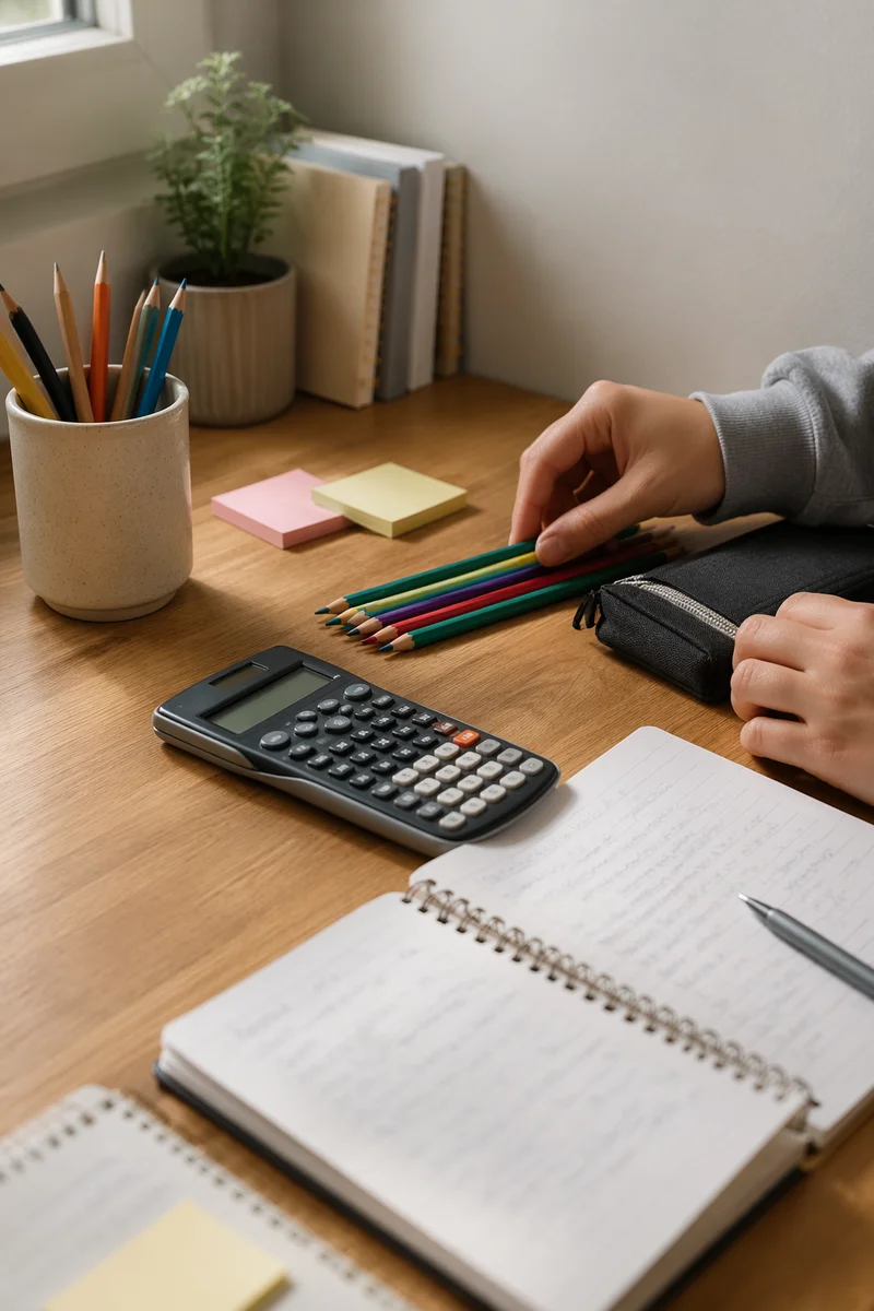 Student Desk with Pencils and Calculator