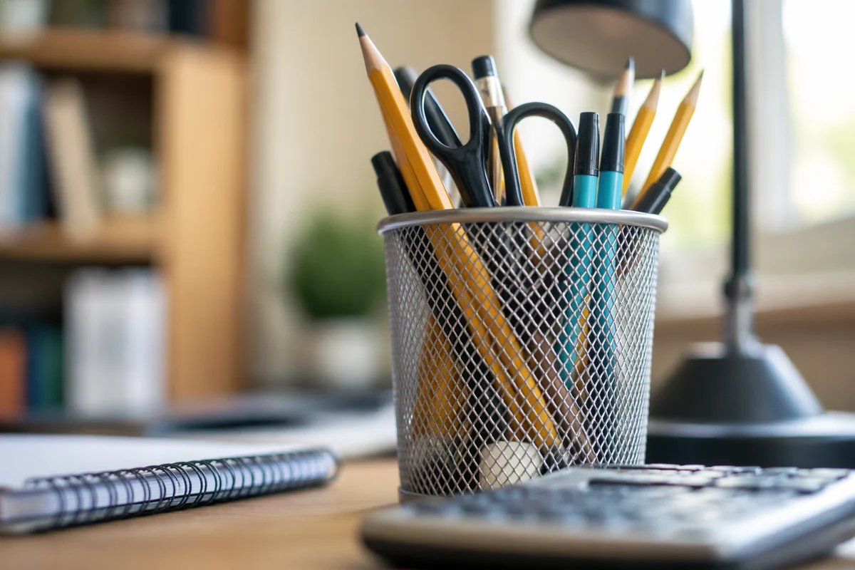 Student Desk Supplies with Calculator Closeup
