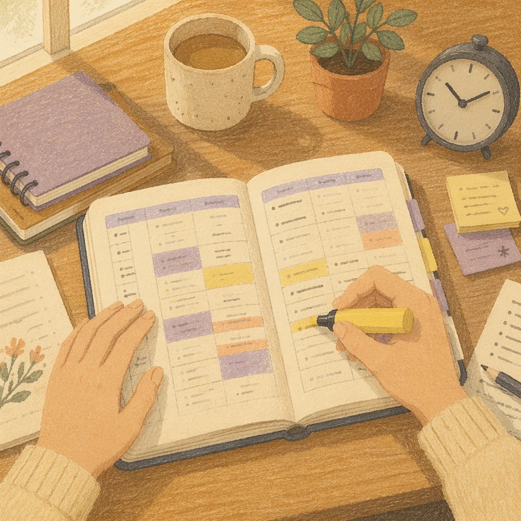 Highlighted Student Planner on Study Desk