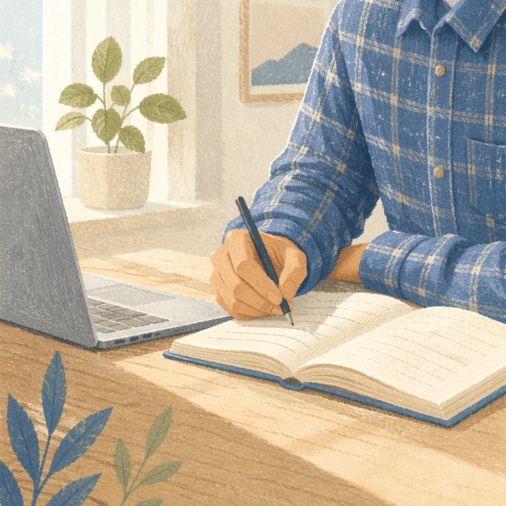 Focused Student Writing Notes Beside Laptop