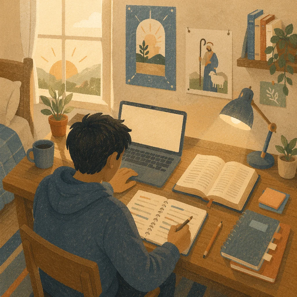 Focused Student Studying in Warm Dorm Light