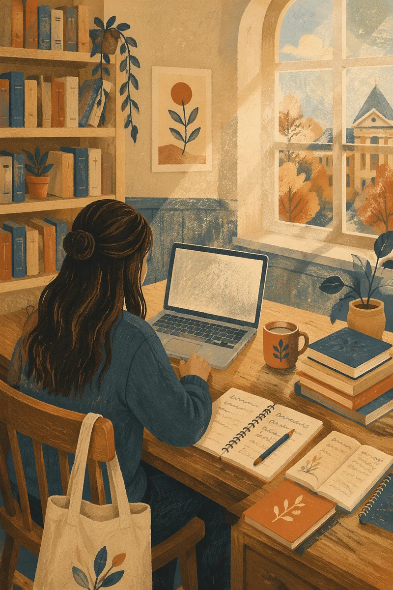 Focused Student Studying in Warm Library Light