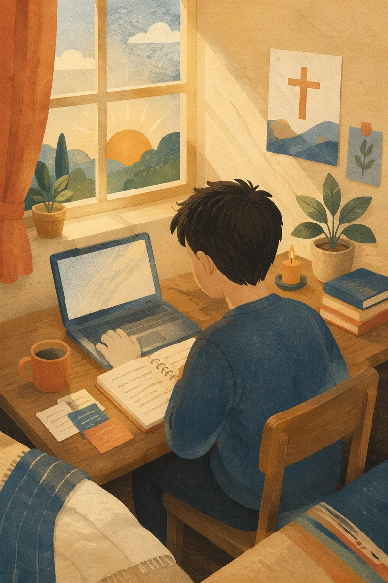 Focused Student Studying in Morning Light