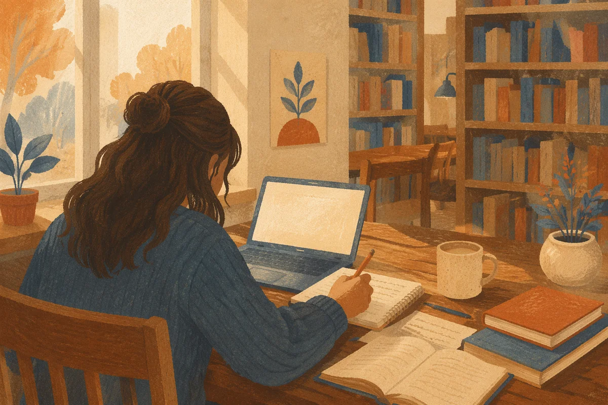 Focused Student Studying in Library Corner
