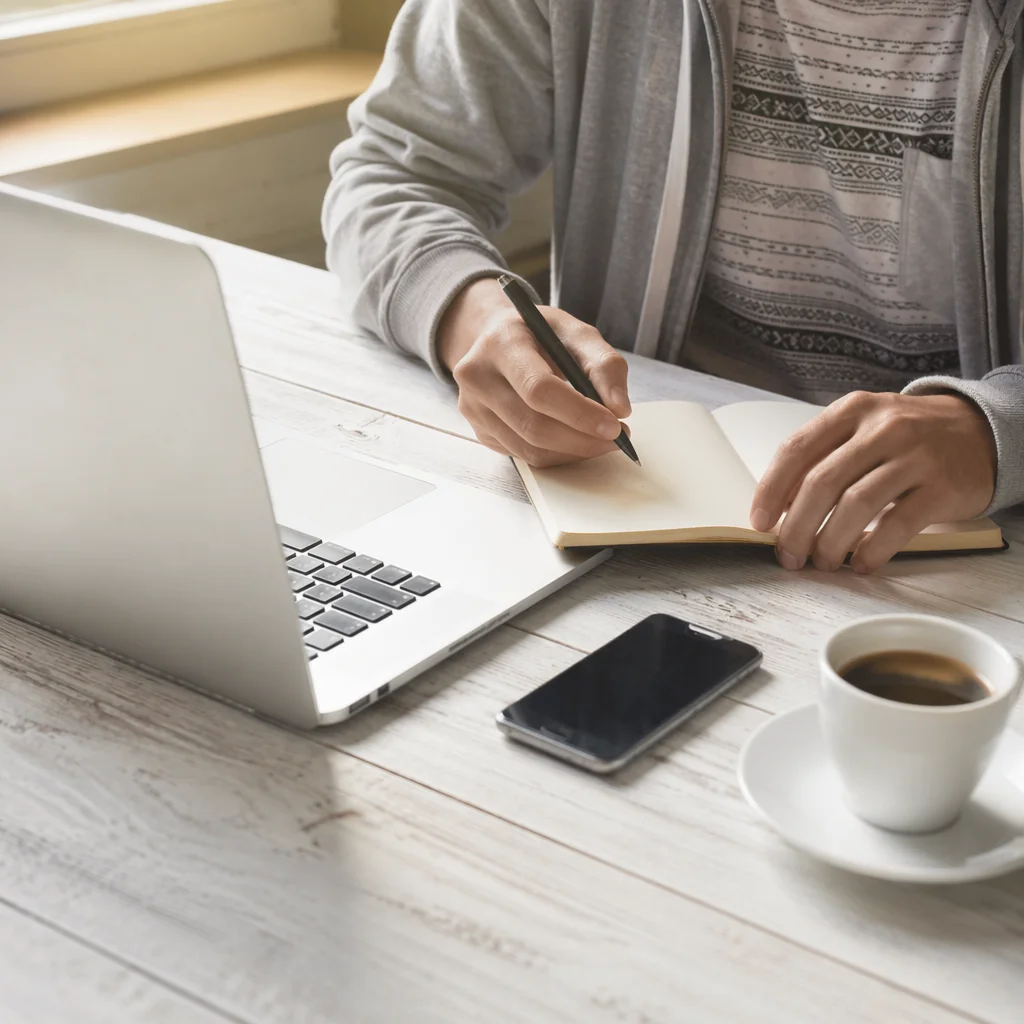 Focused Student Writing Notes Beside Laptop