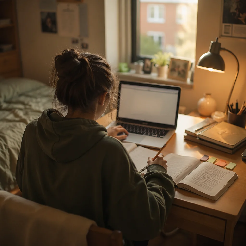 Focused Student Studying With Laptop Notes