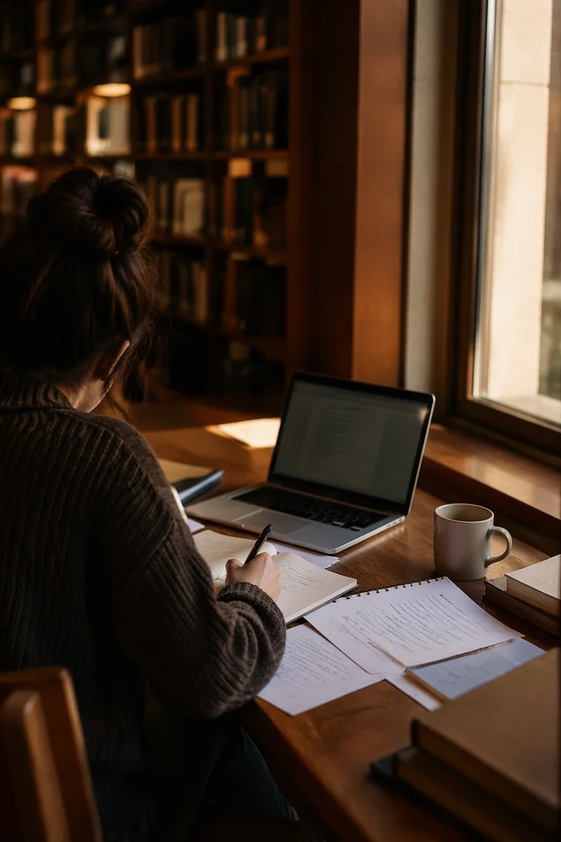 Focused Student Studying in Library Corner