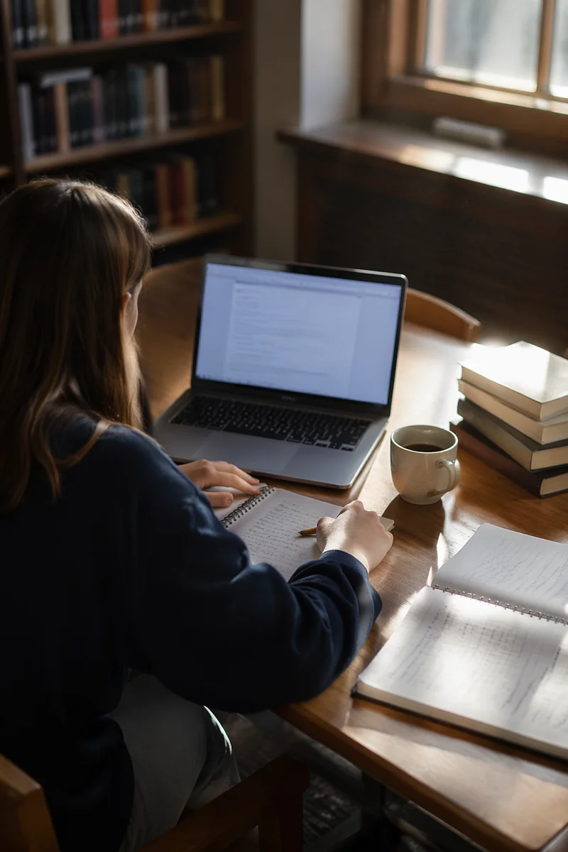 Focused Student Studying in Quiet Library