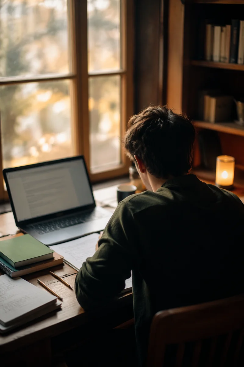Focused Student Studying in Cozy Campus Room