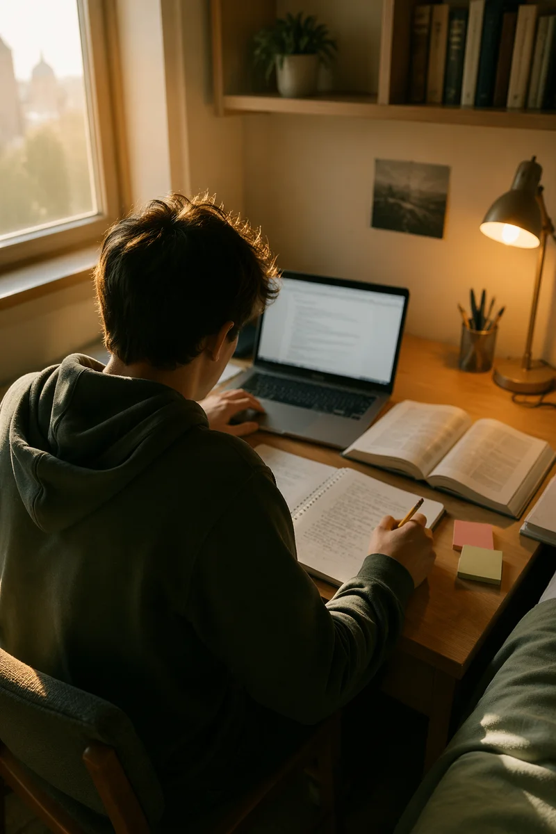 Focused Student Studying in Quiet Dorm Room