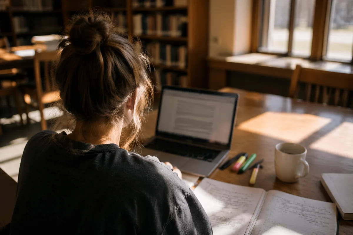 Focused Student Studying at Library Desk