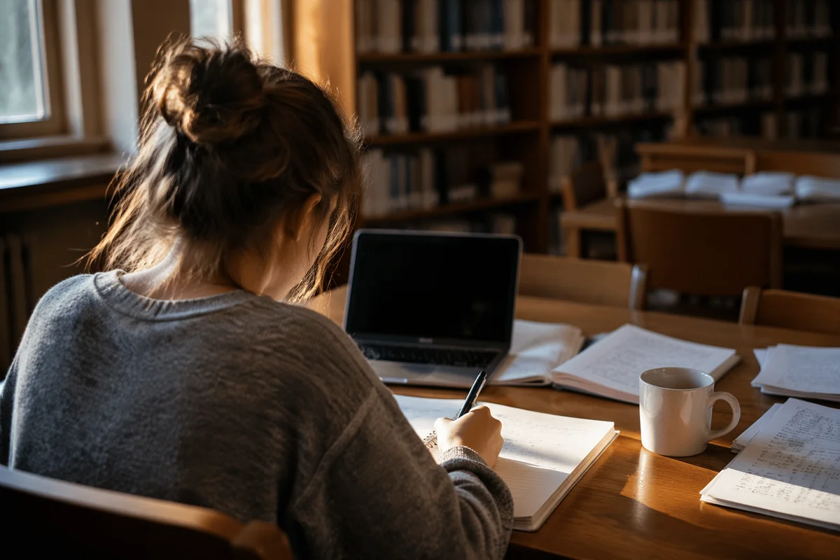 Focused Student Studying in Library Corner