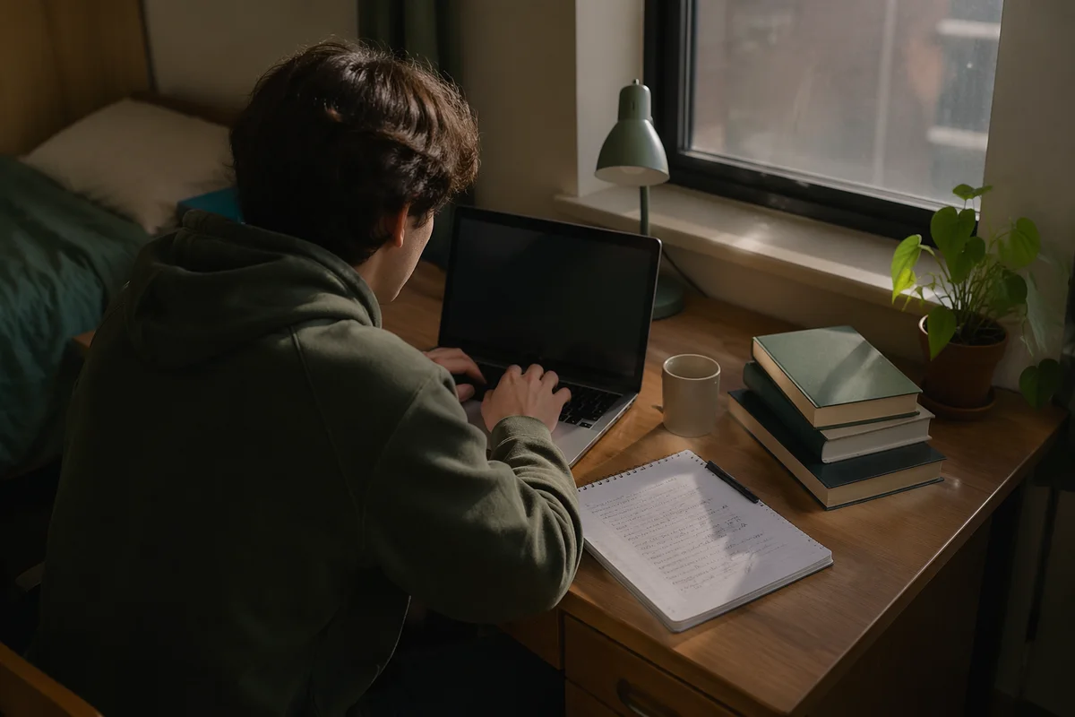 Focused Student Studying at Morning Desk