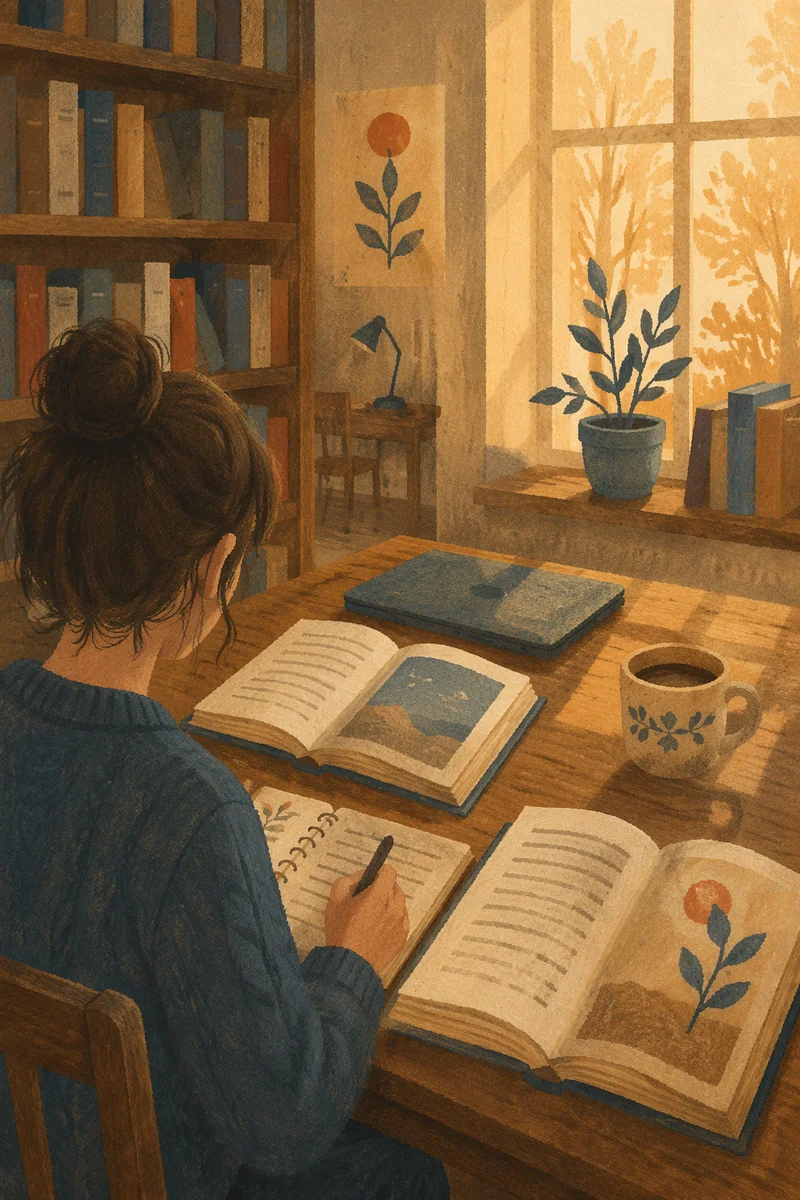 Quiet Library Study Desk in Warm Light