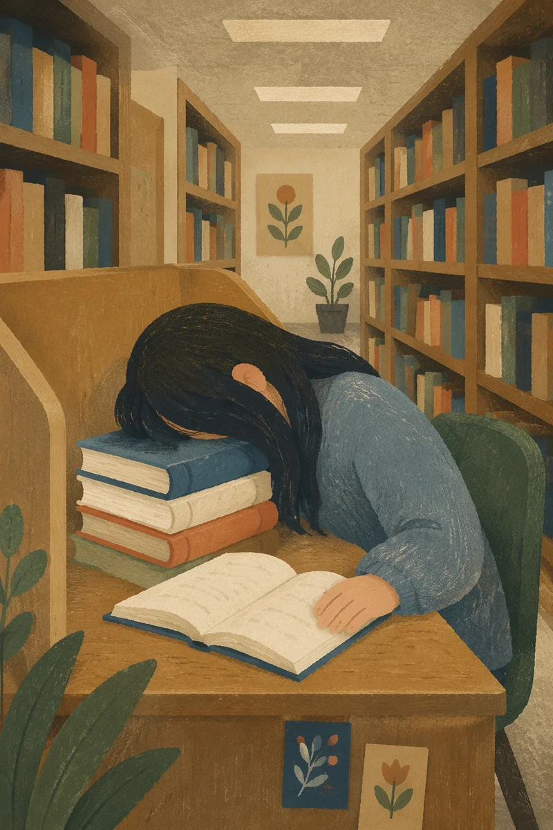 Tired Student Resting in Quiet Library