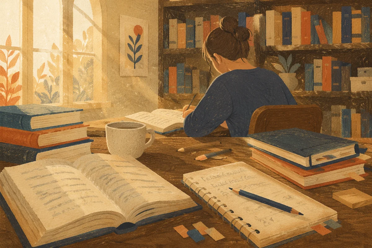 Focused Student Studying at Library Desk