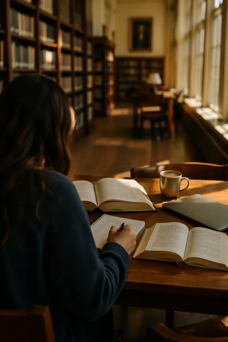 Student Studying at Quiet Library Desk