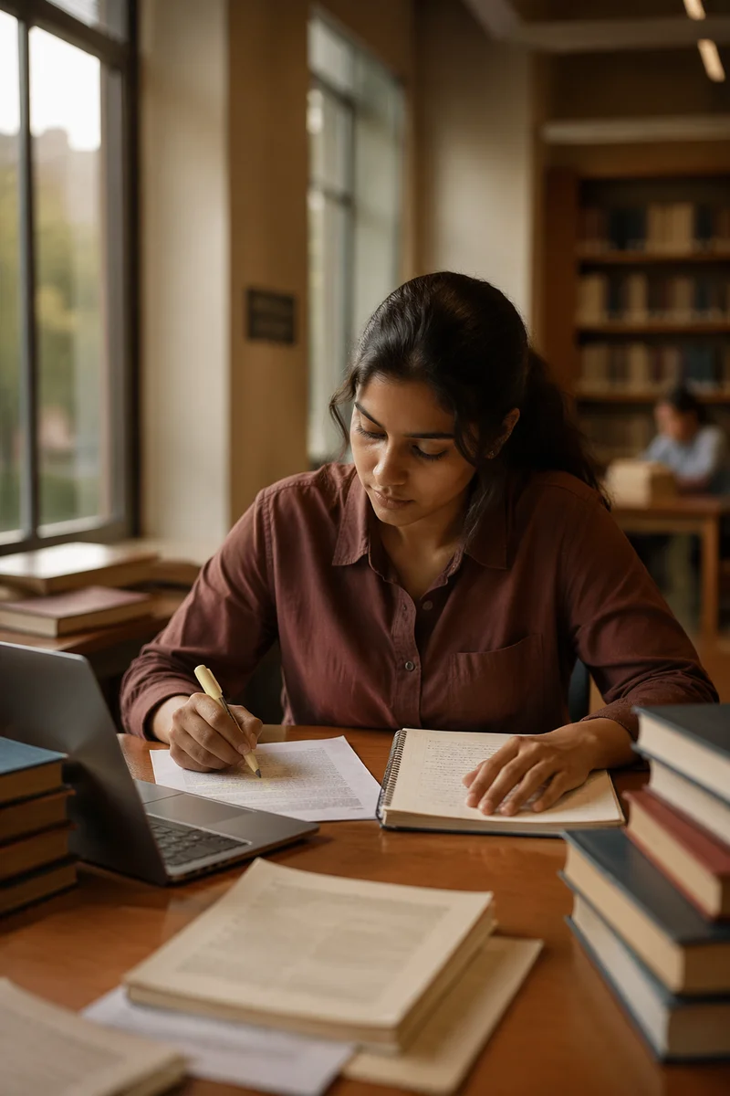 Focused Student Studying in Quiet Library