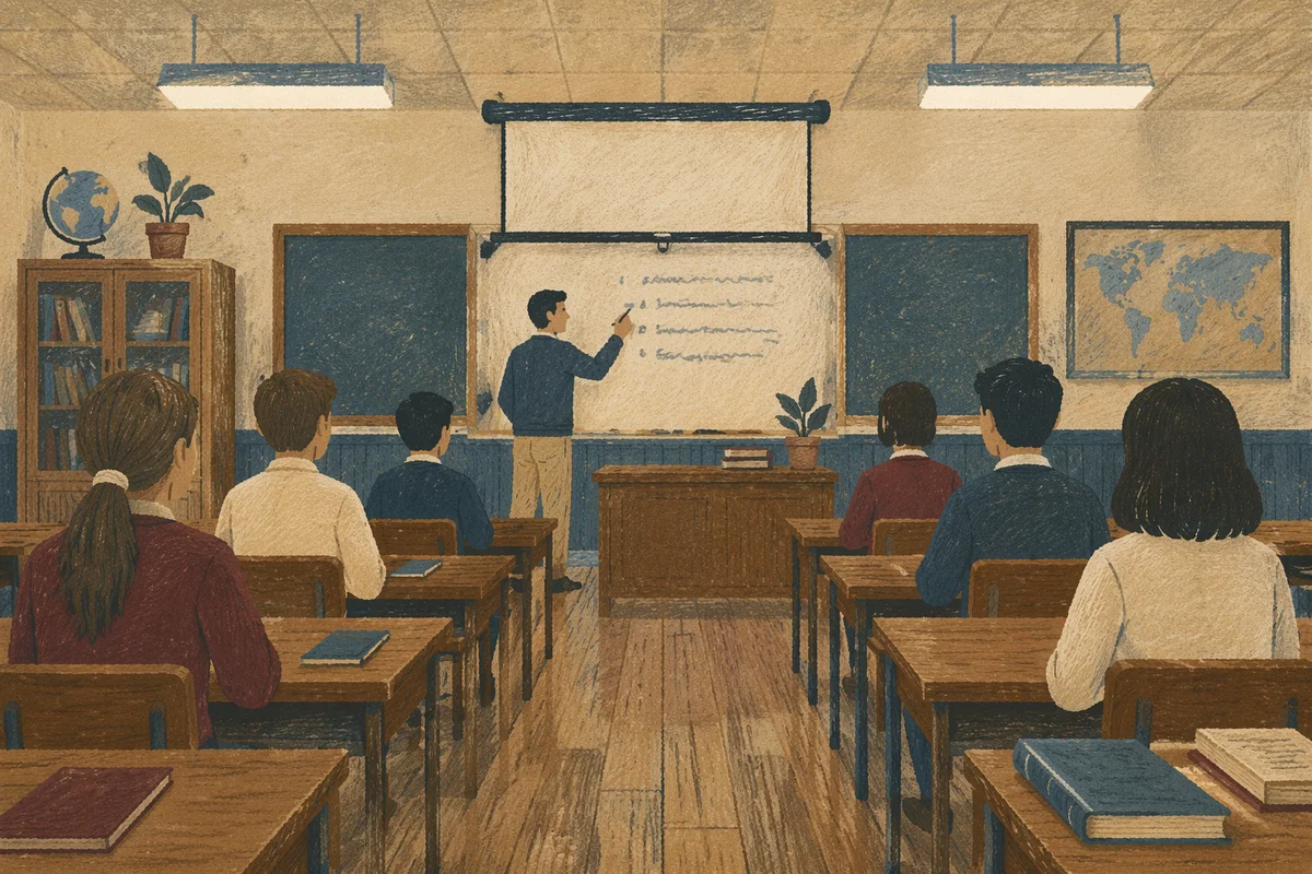 Teacher at Whiteboard in Calm Classroom