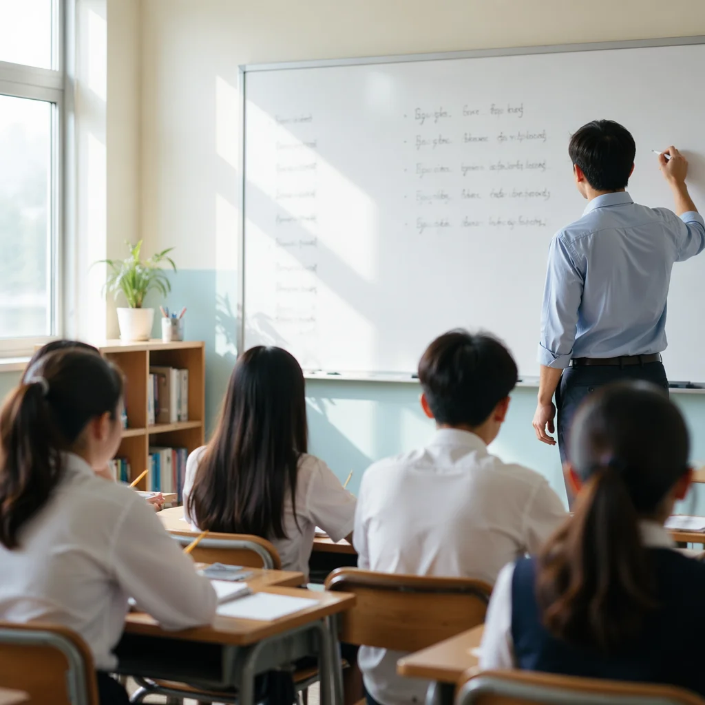 Teacher Leading Lesson at Bright Classroom Whiteboard