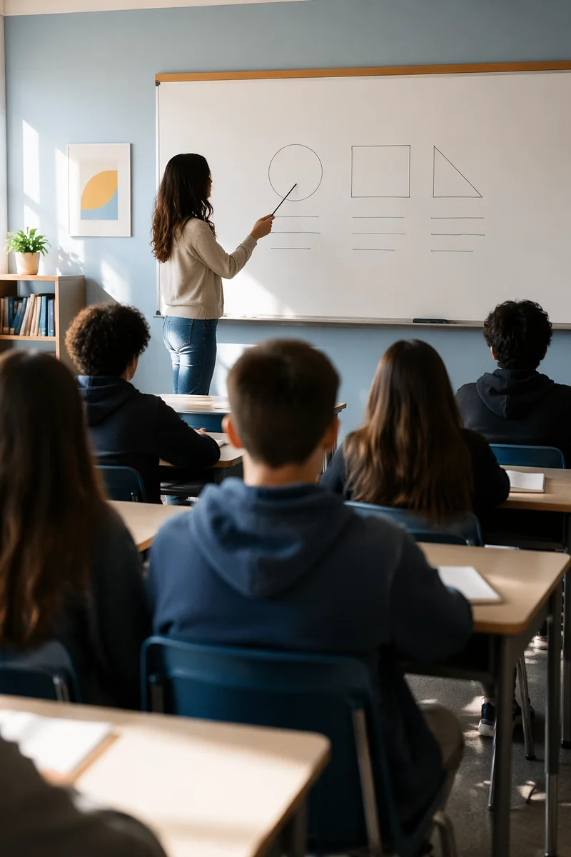 Teacher Guiding Students at Classroom Whiteboard