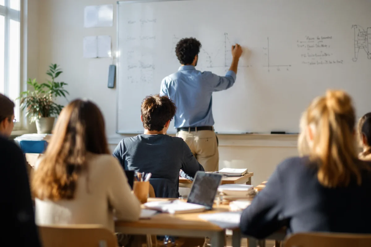 Teacher Writing on Classroom Whiteboard