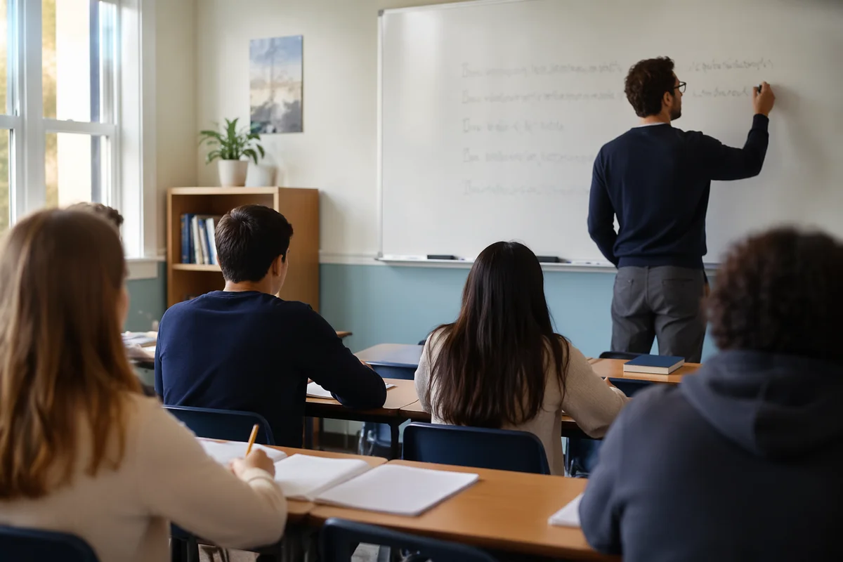 Teacher Writing on Classroom Whiteboard