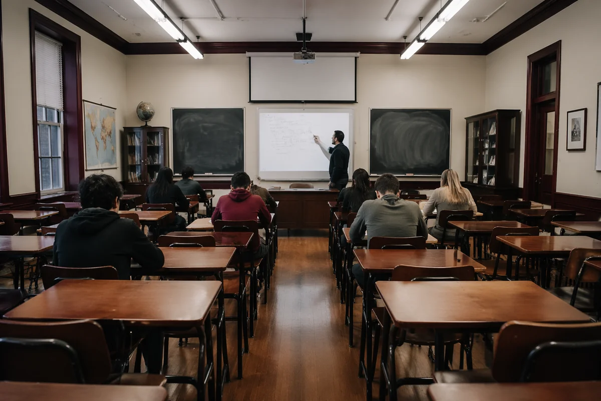 Teacher at Whiteboard in Calm Classroom