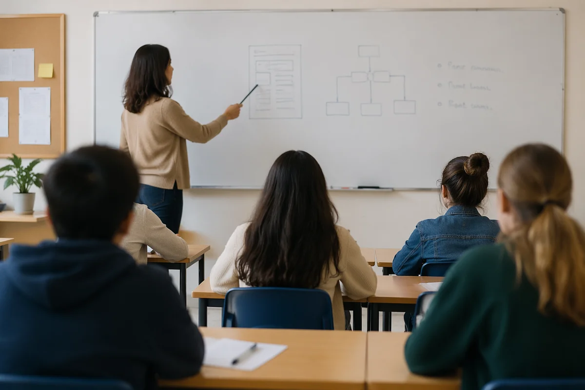 Teacher Guiding Students at Classroom Whiteboard