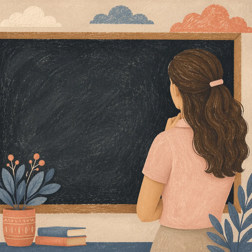 Thoughtful Teacher Beside Charcoal Classroom Chalkboard