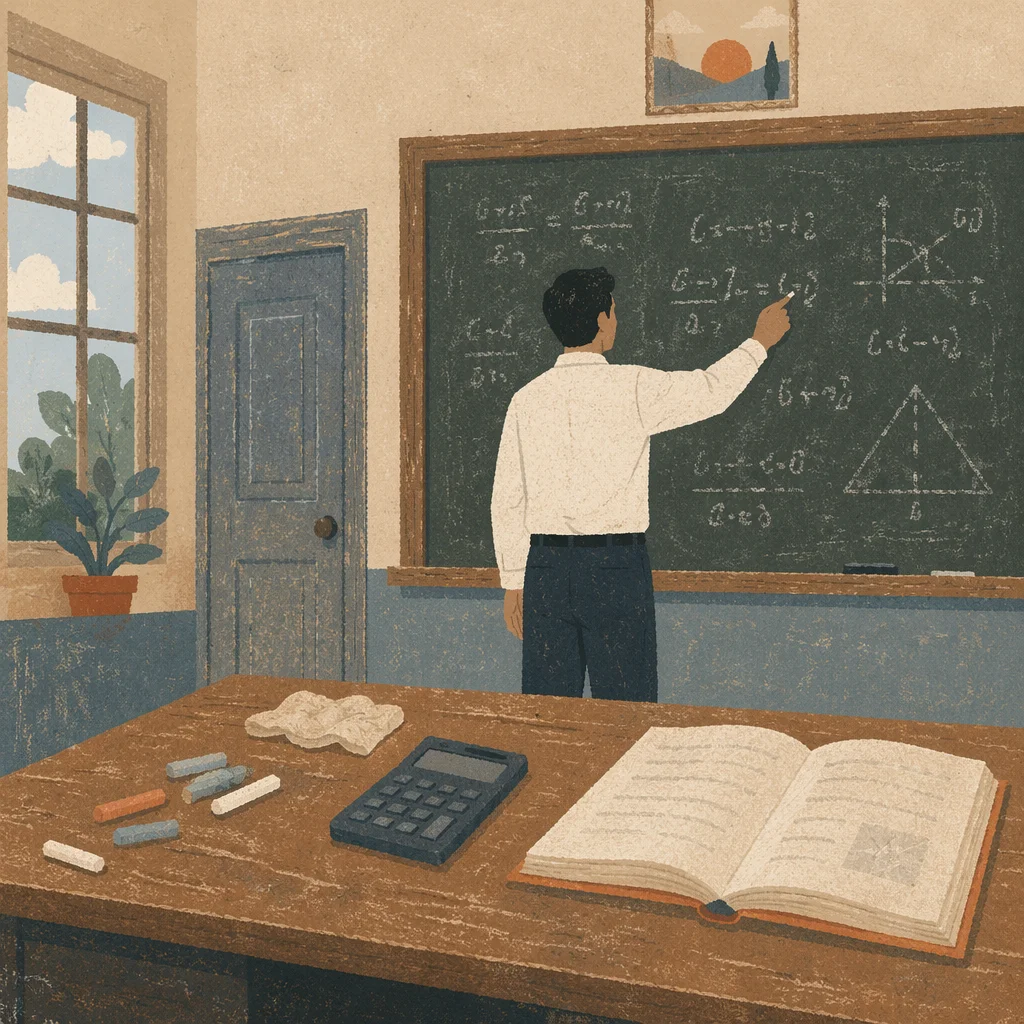 Teacher Explaining Lessons at Worn Chalkboard