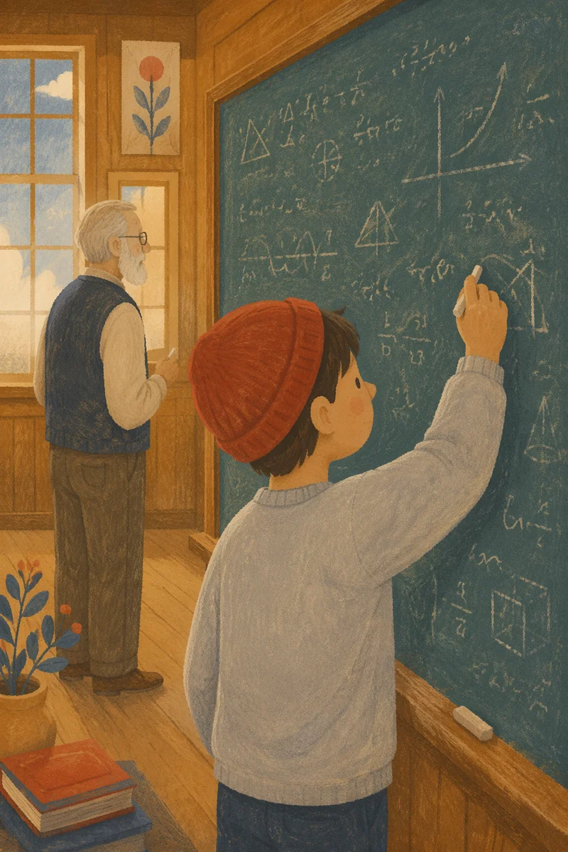 Teacher Guiding Student at Classroom Chalkboard