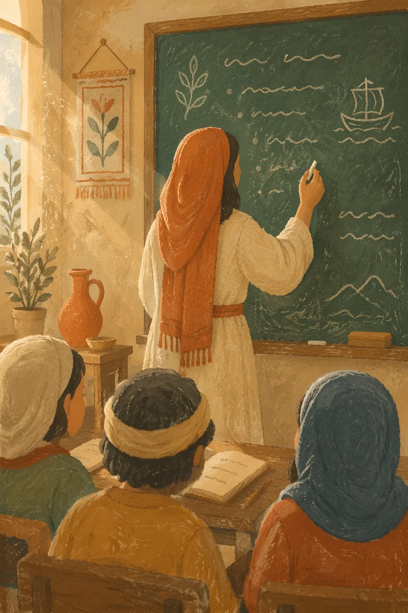 Patient Teacher Writing on Classroom Chalkboard