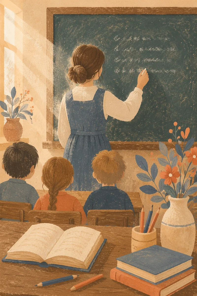Teacher Writing on Chalkboard in Classroom
