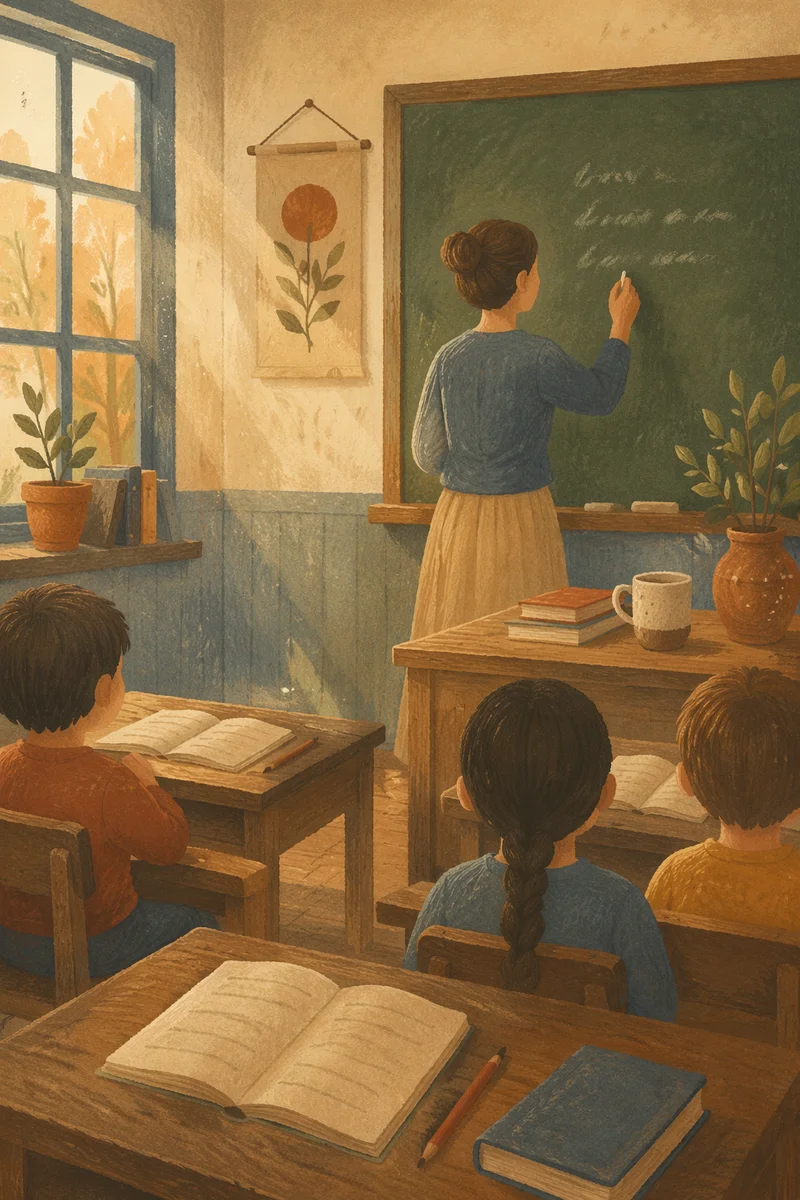 Warm Classroom Teacher at Green Chalkboard