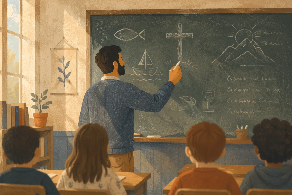 Teacher Writing on Classroom Chalkboard