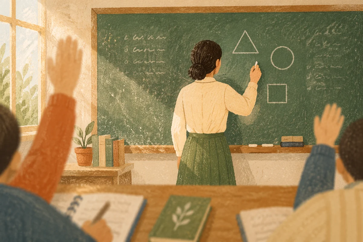 Teacher Writing on Chalkboard in Classroom