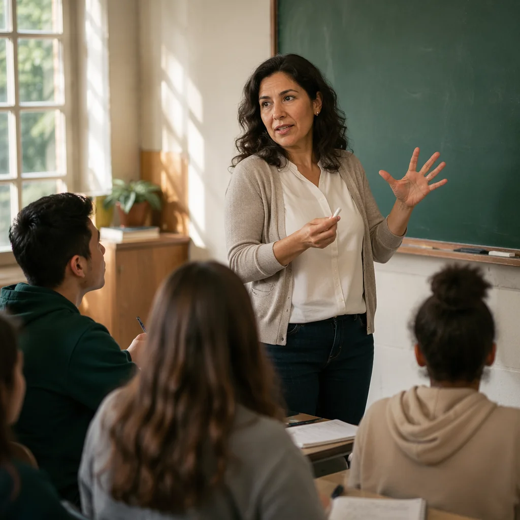 Latina Teacher Leading Classroom Lesson