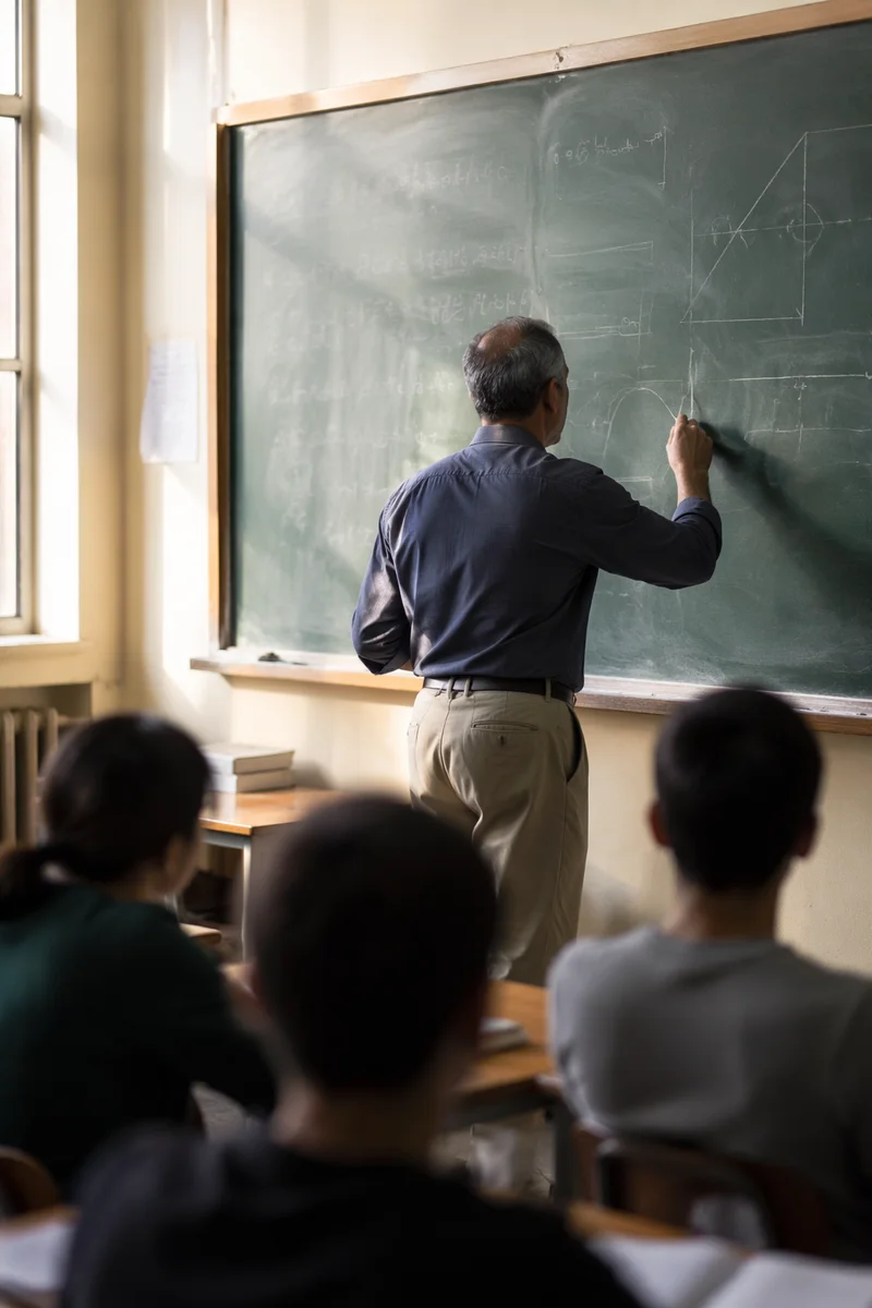 Teacher Writing on Classroom Chalkboard