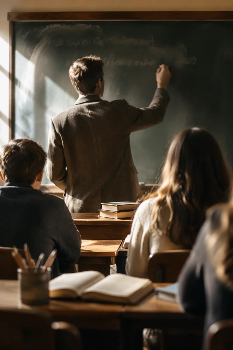 Teacher Writing Lesson Notes on Chalkboard