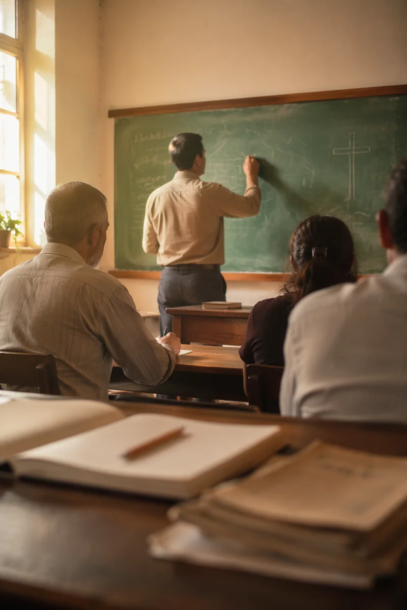 Teacher Writing Lesson on Classroom Chalkboard