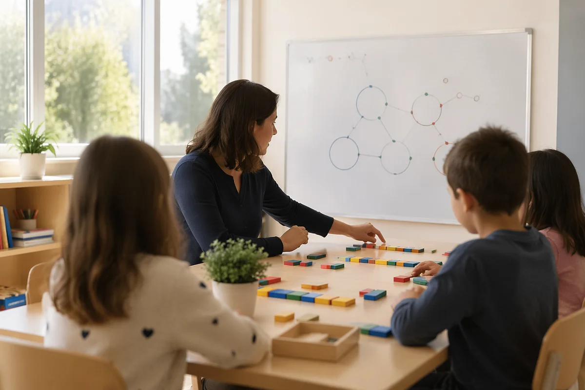 Teacher Guiding Children in Classroom Activity